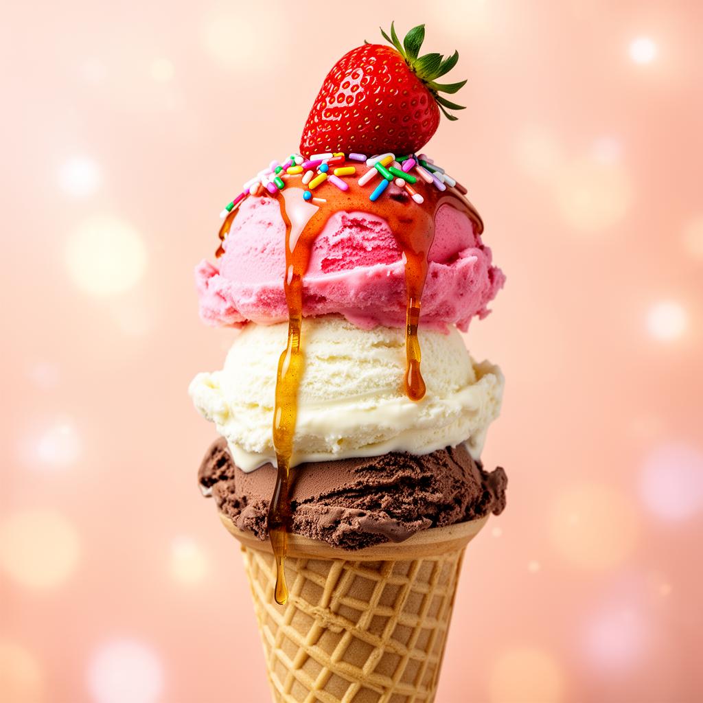 Triple-scoop premium ice cream cone